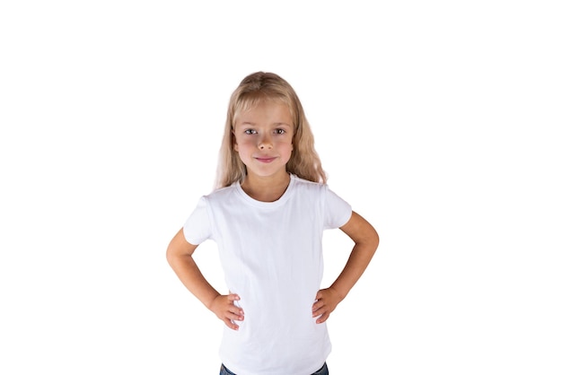 Beautiful girl with blond hair in a Tshirt isolated on a white background