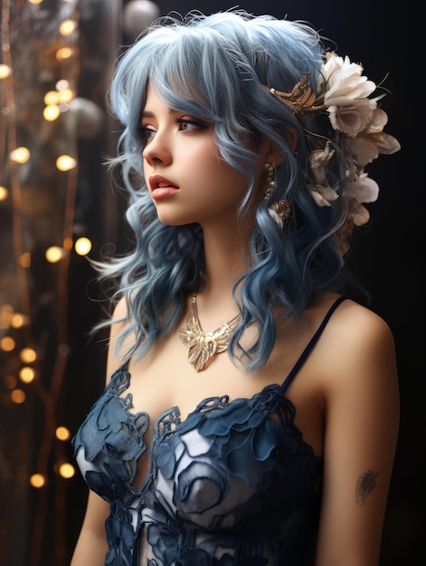 Beautiful girl with blue hair in a lace dress