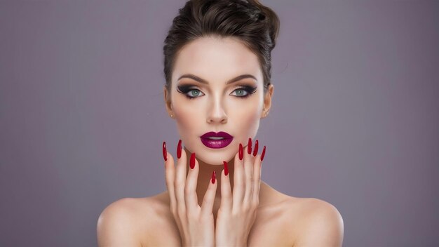 Beautiful girl with bright fashion make up creative hairstyle long nails