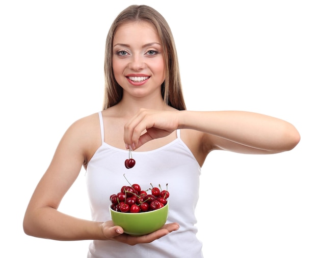 Beautiful girl with cherry isolated on white