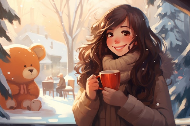 Beautiful girl with a cup of coffee in the winter cafe