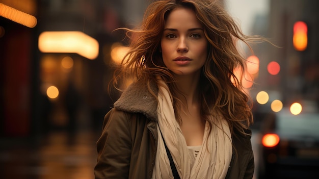 A beautiful girl with curly hair is standing in the middle of a busy street Closeup