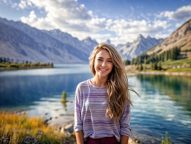 Beautiful girl with flowing hair against the backdrop of mountains