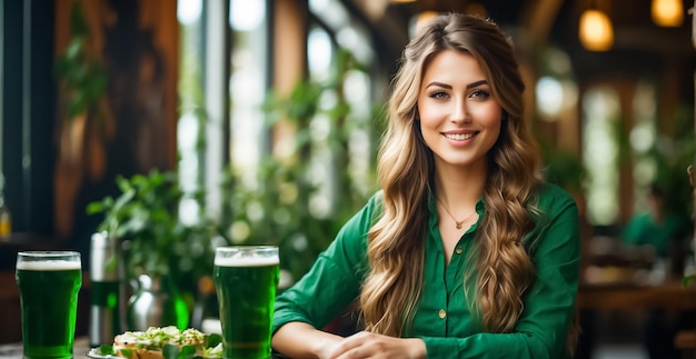 Beautiful girl with a glass of green beer in a bar