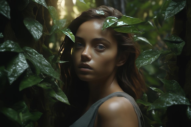 Photo beautiful girl with a green eyes on the forest background portrait of a woman in a tropical jungle