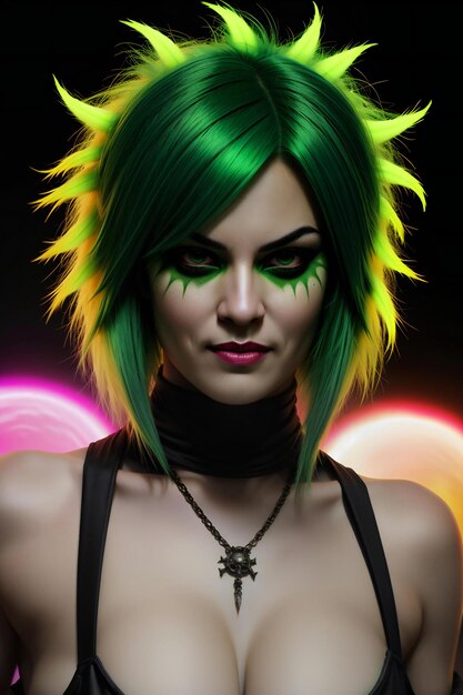 Beautiful girl with green hair and fantasy makeup on black background