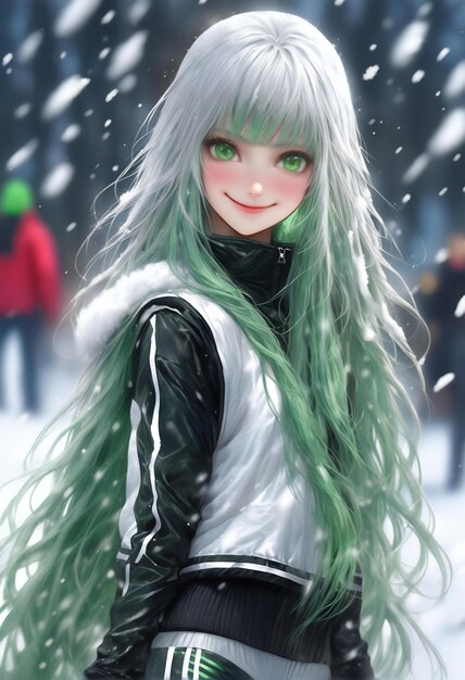 Beautiful girl with green hair in the park in the winter