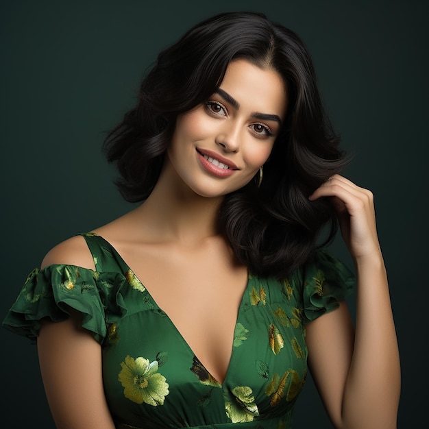 A beautiful girl with jet black hair smiles faintly in a professional fashion photography green dres