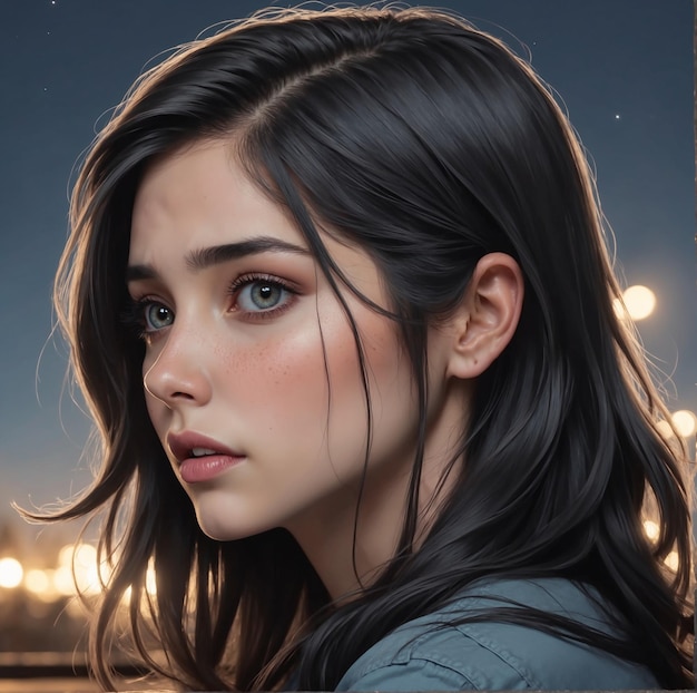 A beautiful girl with light blue eyes illustration sad expression