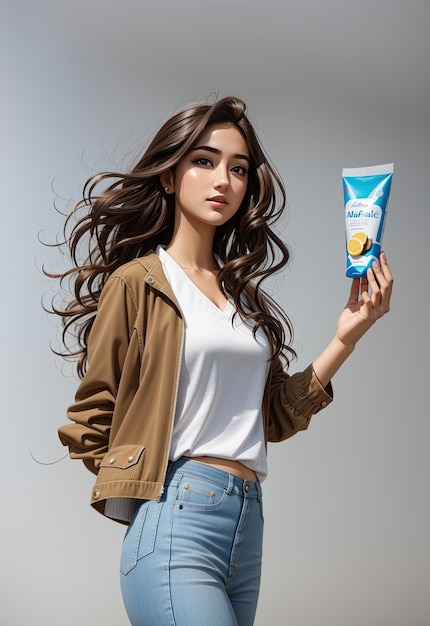 Beautiful girl with long curly hair holding a tube of cosmetic cream