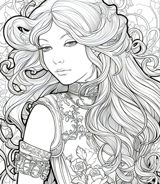 Beautiful girl with long hair illustration in black and white