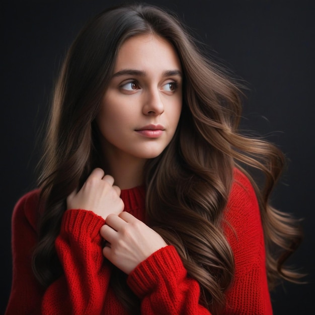 A Beautiful girl with long hair wearing a top with a black background