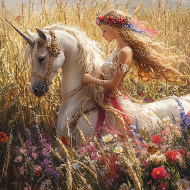 Photo beautiful girl with long hair on a white unicorn in a wheat field