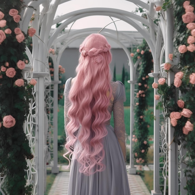 Beautiful girl with long pink hair on background of gazebos twined with pink roses color harmony