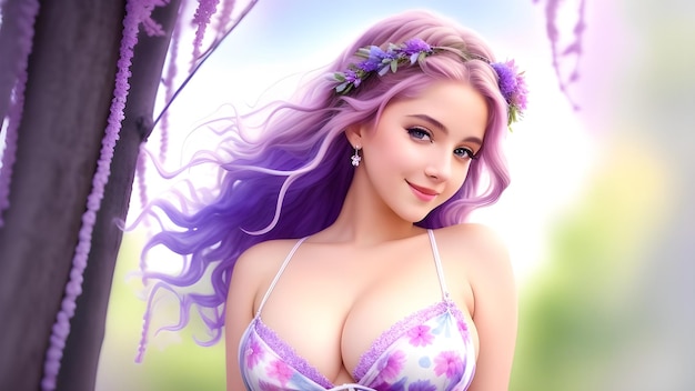 a beautiful girl with long pink hair in a fairy forest