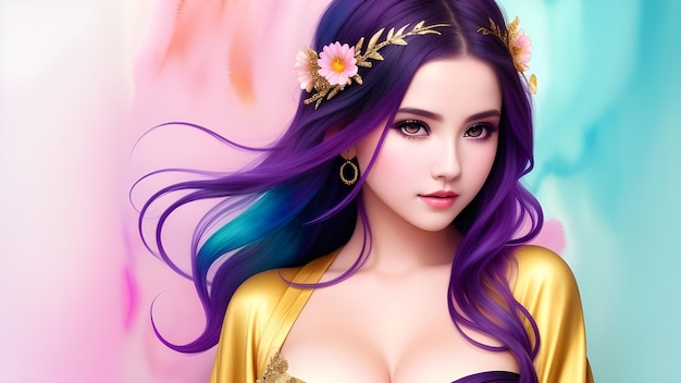 beautiful girl with long purple hair and golden crown