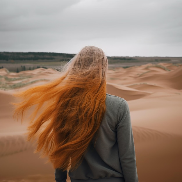 Beautiful girl with long red hair on the background of a desert landscape color harmony