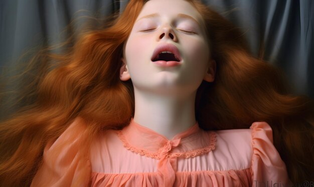 Beautiful girl with long red hair lying on a bed and yawning