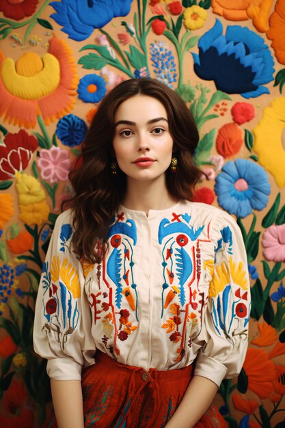 Photo beautiful girl with a mexican embroidery motif