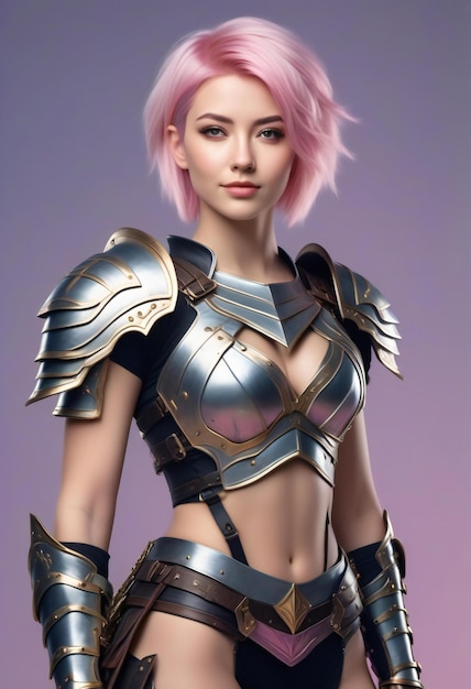 Beautiful girl with pink hair dressed in a helmet and armor