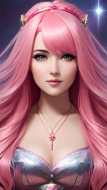 A beautiful girl with pink hair and a necklace