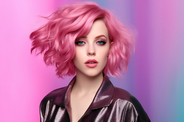 Beautiful girl with pink hair on a pink background Beauty fashion