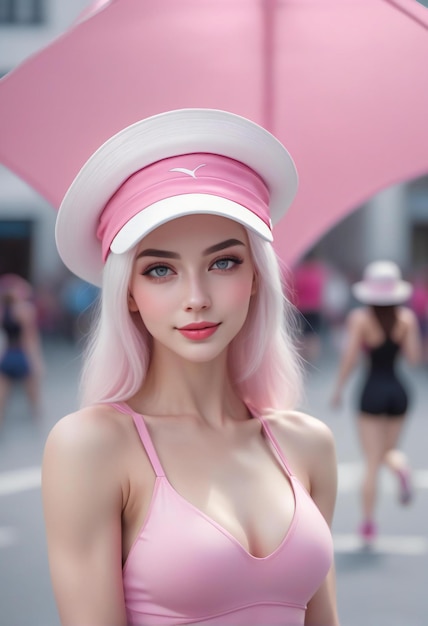 Beautiful girl with pink hair in pink swimsuit posing in the city