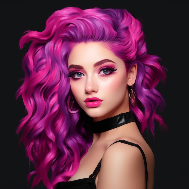 beautiful girl with pink hair and purple makeup on black background