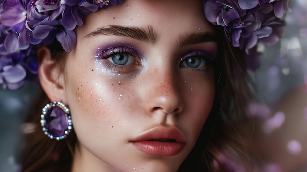 A beautiful girl with purple flowers on her head