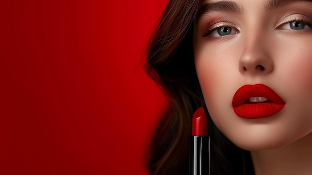 Beautiful girl with red lips and lipstick next to her Generated by artificial intelligence