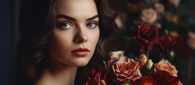 Beautiful girl with red roses in her hair in a studio.