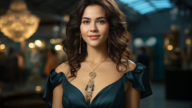 Beautiful girl with set jewelry Woman in a necklace with a ring