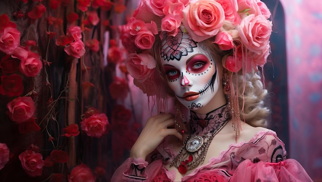 Beautiful girl with sugar skull makeup and flowers in her hair