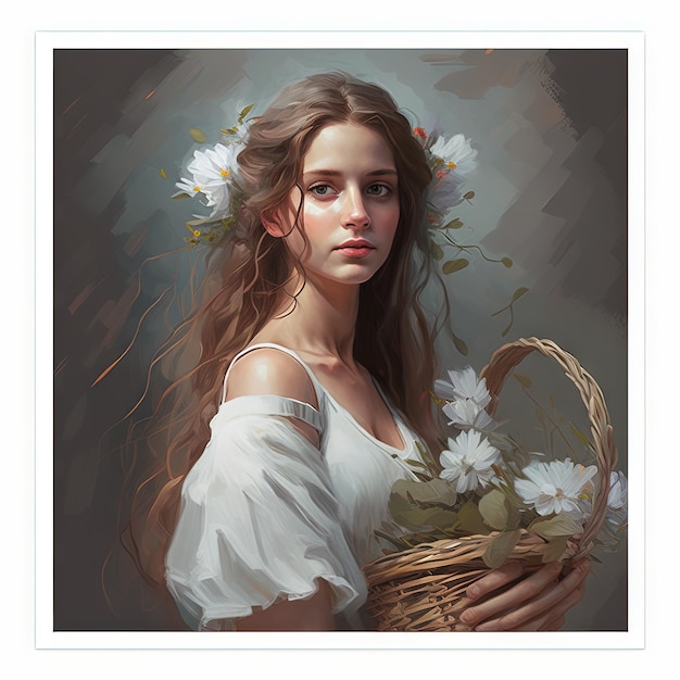 A beautiful girl with a white dress is holding flowers