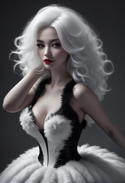 Beautiful girl with white hair and red lips in a fur coat