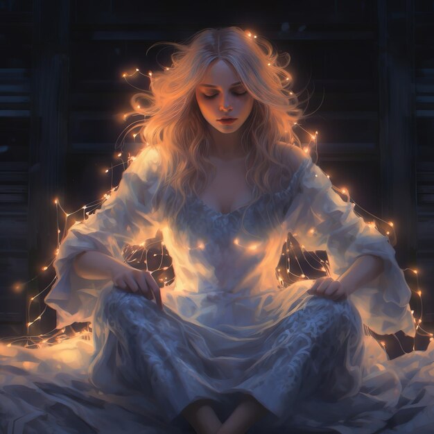 A beautiful girl with white hair and white dress in the dark holding an oil lamp