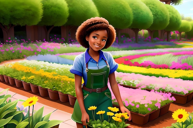 Beautiful girl working a gardener African American girl planting flowers AI