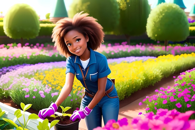 Beautiful girl working a gardener African American girl planting flowers AI