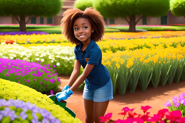 Beautiful girl working a gardener African American girl planting flowers AI