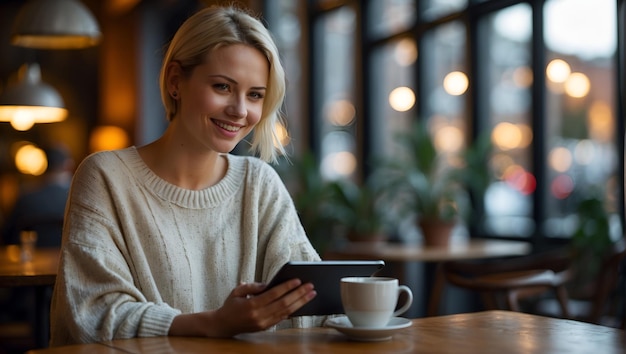 Beautiful girl works remotely in a cozy cafe