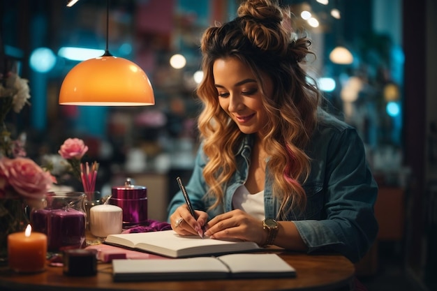 Beautiful girl writing and smiling