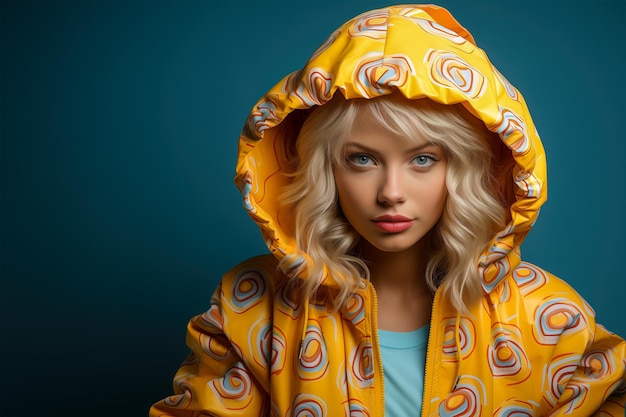 A beautiful girl in a yellow jacket with a hood on a blue background