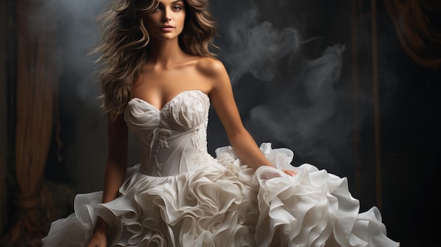 Beautiful girlbride in a white romantic wedding dress Luxurious female model with curly hair