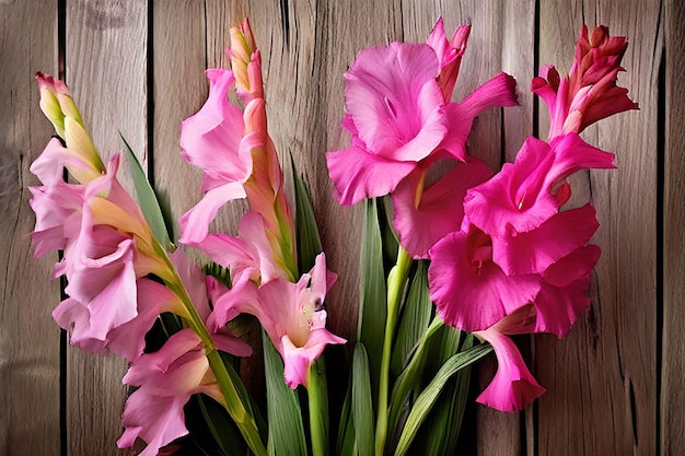 beautiful gladiolus flowers on wooden background