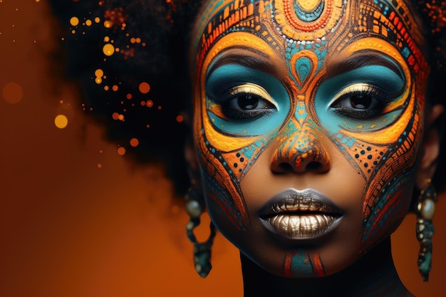 Beautiful glamour African woman with black skin body art