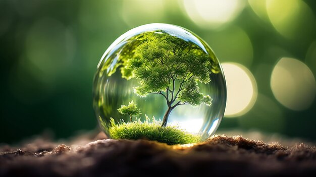 Beautiful glass ball with and green tree images Generative AI