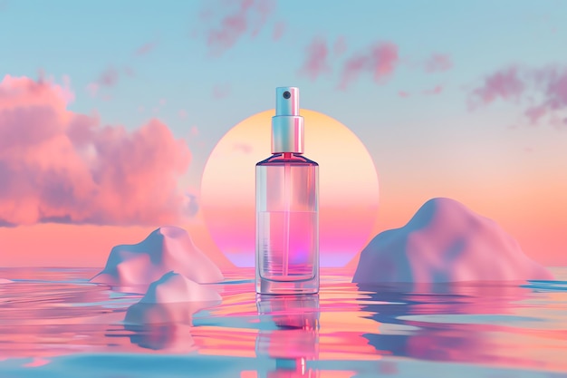 A beautiful glass perfume bottle placed on serene reflective water with a pastelcolored sky and sunset in the background