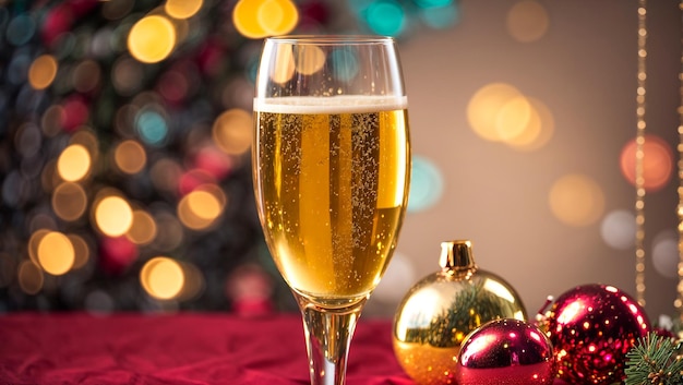 Beautiful glasses with champagne bokeh festive background Christmas balls