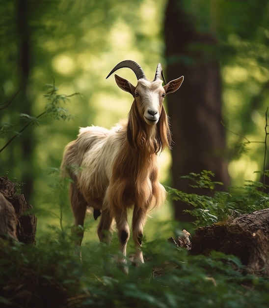 Beautiful goat in green forest generated by ai