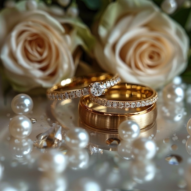 Beautiful gold background wedding rings white roses lying glossy pearl surface with pearls flowers